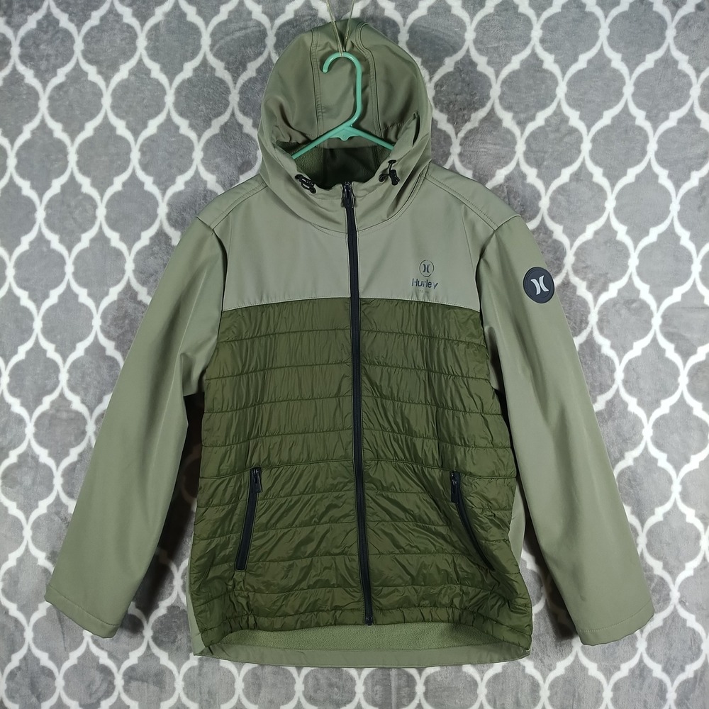 Hurley Full Zip Hooded Softshell Jacket Mens Large Green Hybrid Puffer